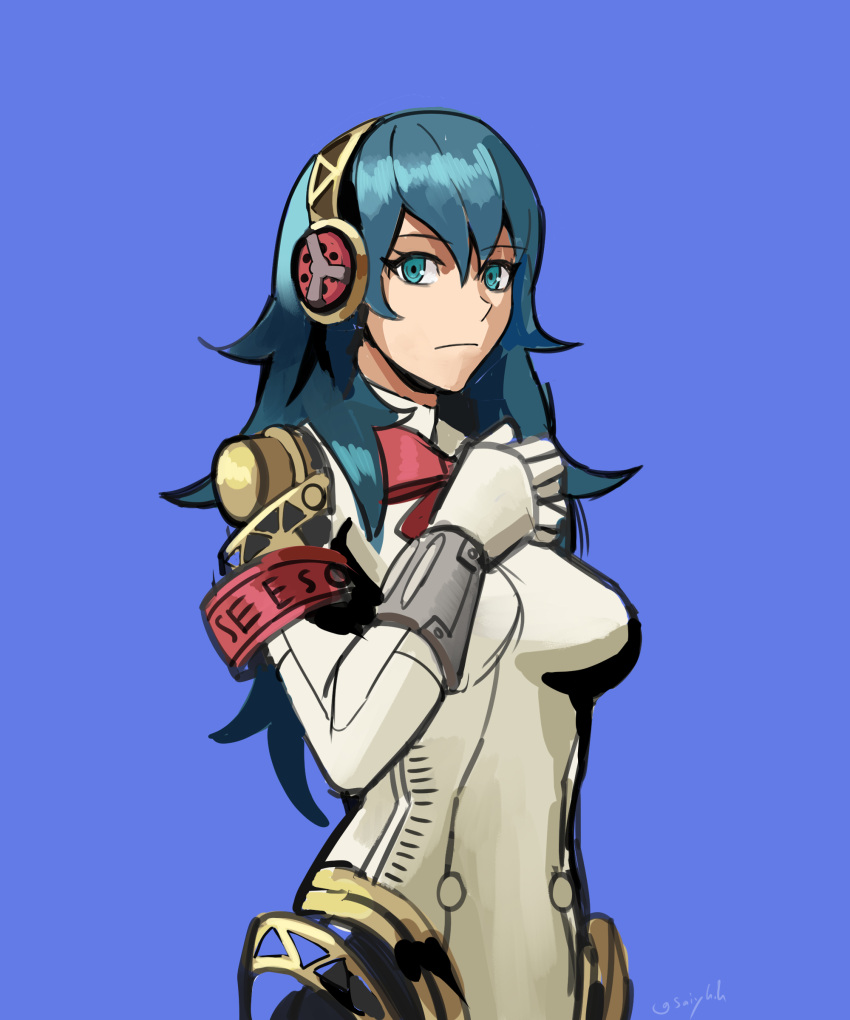 1girl, absurdres, aegis_(persona), aegis_(persona)_(cosplay), blue_background, blue_eyes, blue_hair, bow