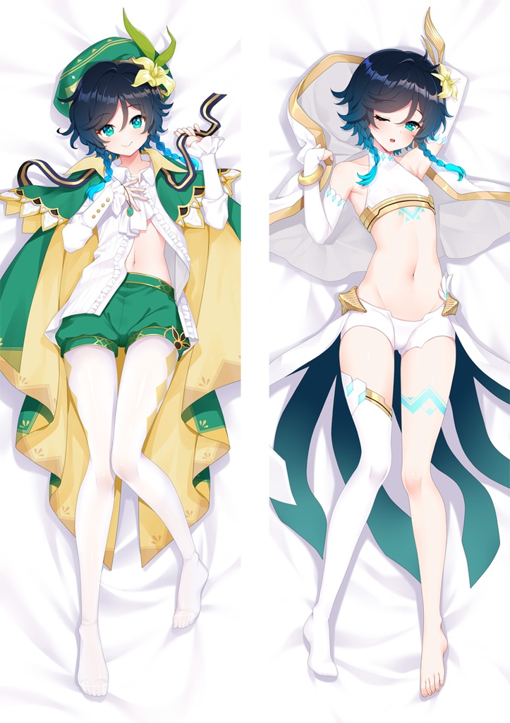 1boy, bangs, bare_shoulders, barefoot, bed_sheet, black_hair, blue_hair, blush