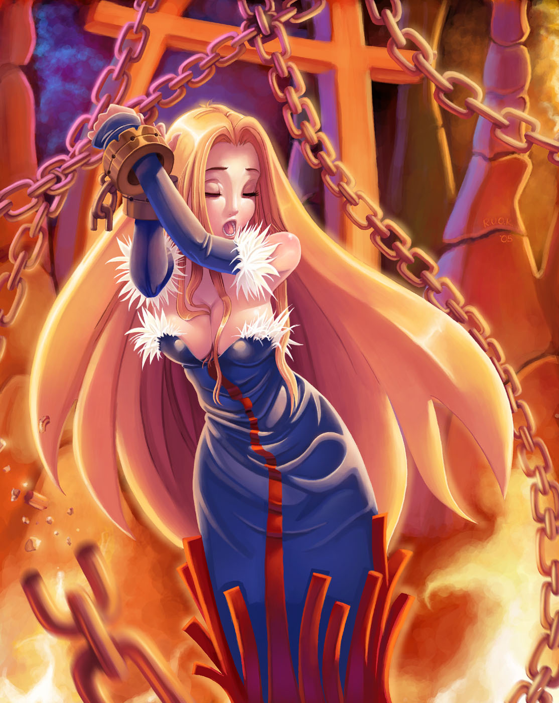 breasts, chain, chains, cleavage, closed_eyes, disgaea, disgaea_2, healer_(disgaea)