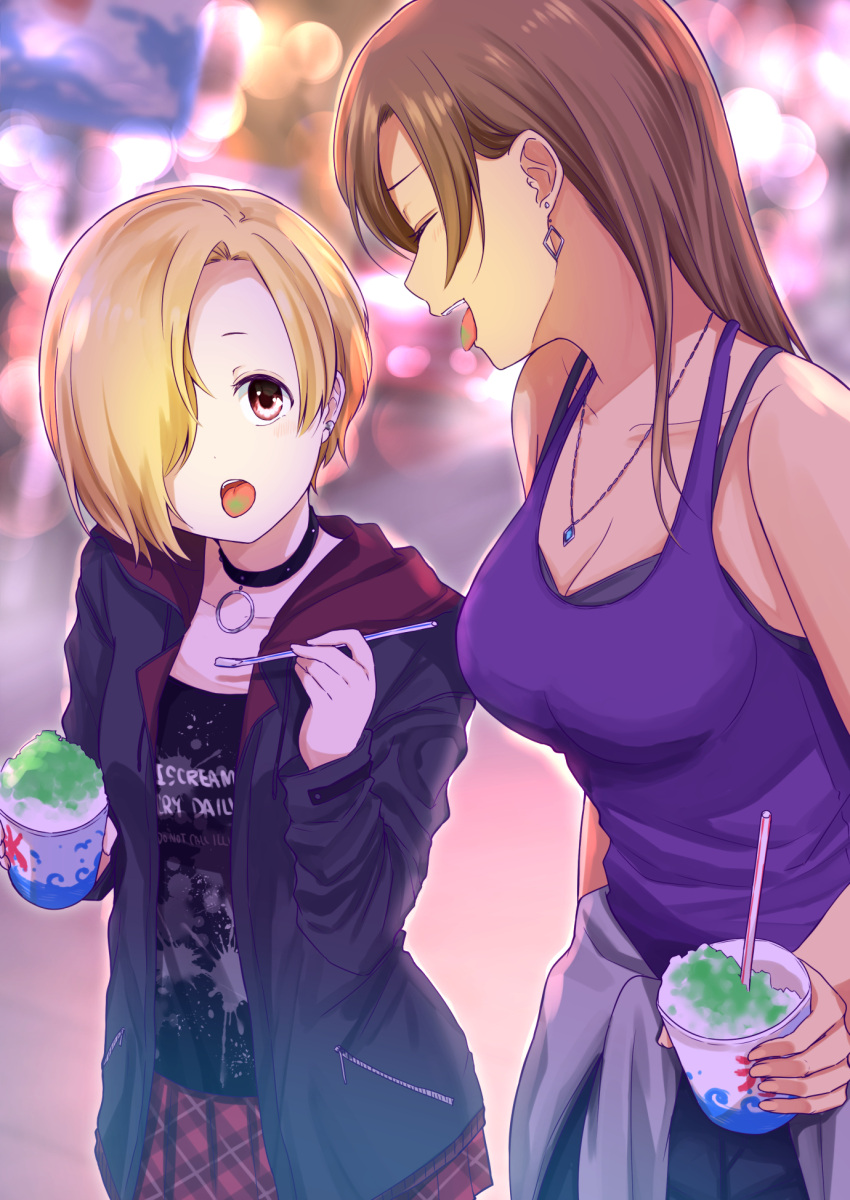 2girls, asymmetrical_hair, blonde_hair, brown_hair, choker, closed_eyes, colored_tongue, ear_piercing