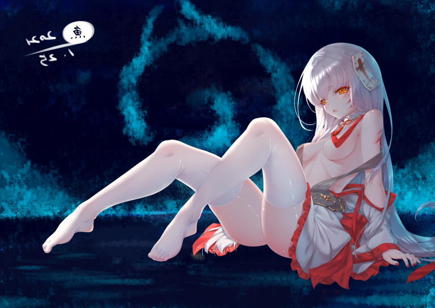 1girl, absurdres, bare_shoulders, feet, full_body, hair_ornament, hakama, highres