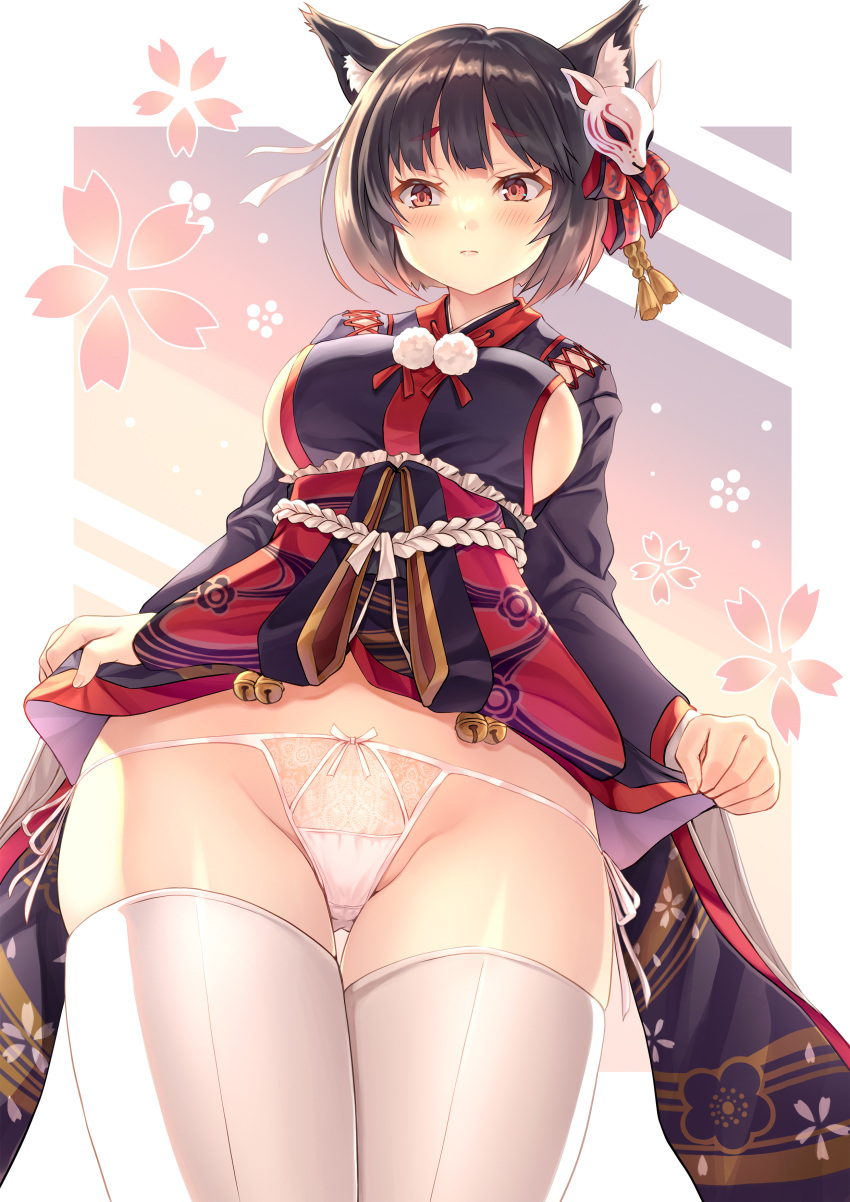 1girl, absurdres, azur_lane, black_hair, black_kimono, breasts, clothes_lift, commentary_request, fox_mask, hair_ornament, hair_ribbon, highres, himamo, japanese_clothes, kimono, kimono_lift, large_breasts, lifted_by_self, long_sleeves, mask, mask_on_head, panties, red_eyes, red_ribbon, ribbon, short_hair, sideboob, solo, thigh-highs, thighs, underwear, white_legwear, white_panties, wide_sleeves, yamashiro_(azur_lane)