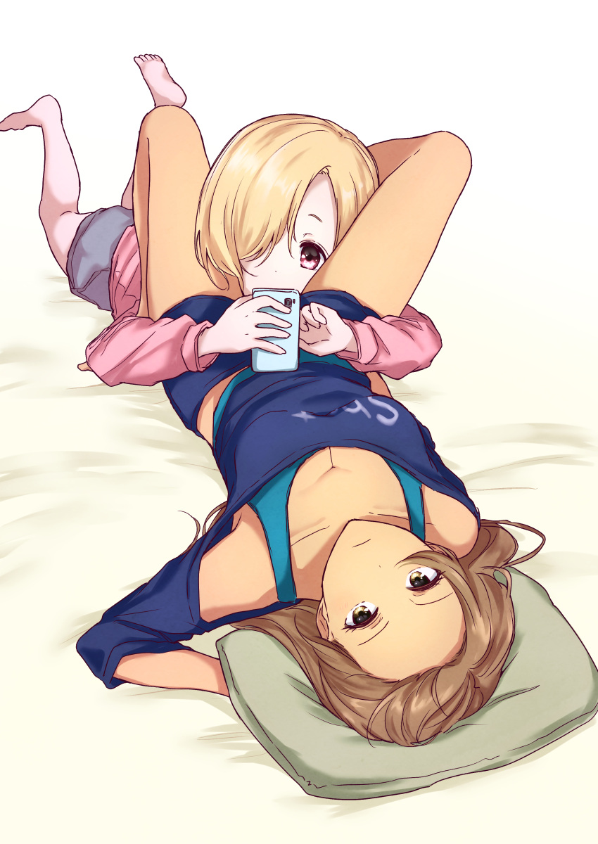 2girls, absurdres, barefoot, between_thighs, blonde_hair, brown_eyes, brown_hair, cellphone