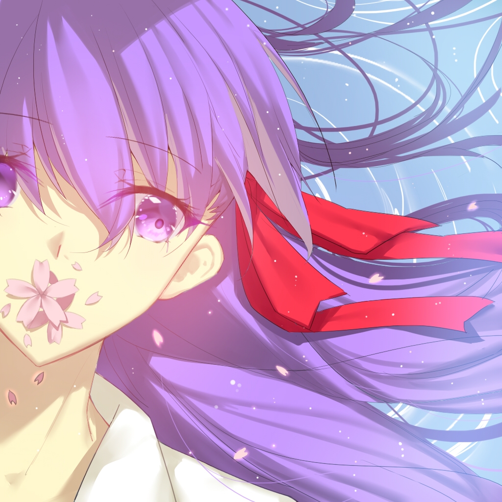 eyebrows_visible_through_hair, fate/stay_night, fate_(series), flower_on_mouth, hair_ribbon, heaven's_feel, matou_sakura, purple_hair