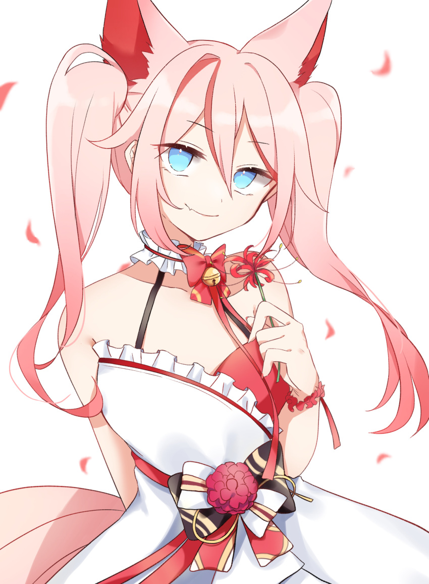 1girl, animal_ears, arm_behind_back, bare_shoulders, blue_eyes, blush, bow, bowtie