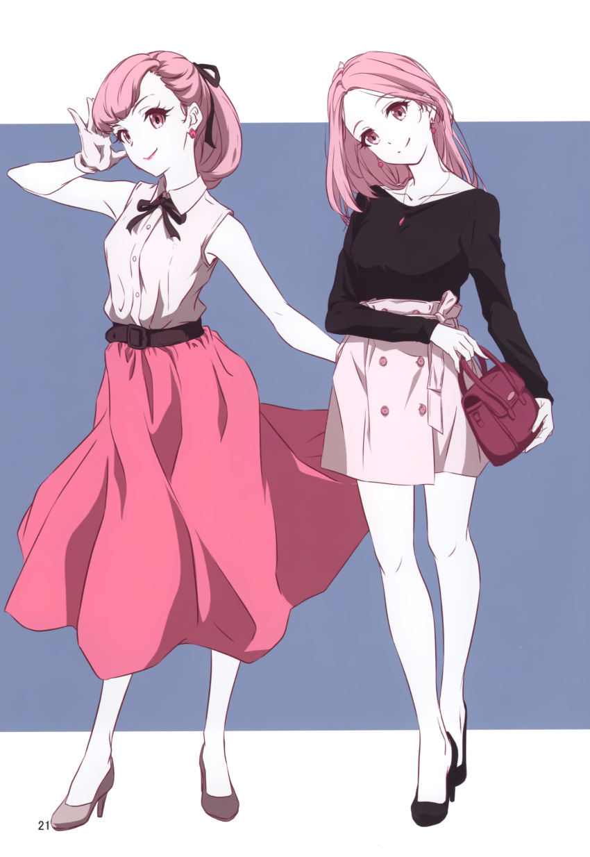 2girls, absurdres, bag, black_footwear, black_ribbon, black_shirt, blue_background, border