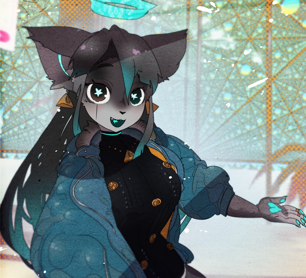1girl, :3, :d, aran_sweater, black_sweater, blue_hair, blue_jacket, brown_eyes