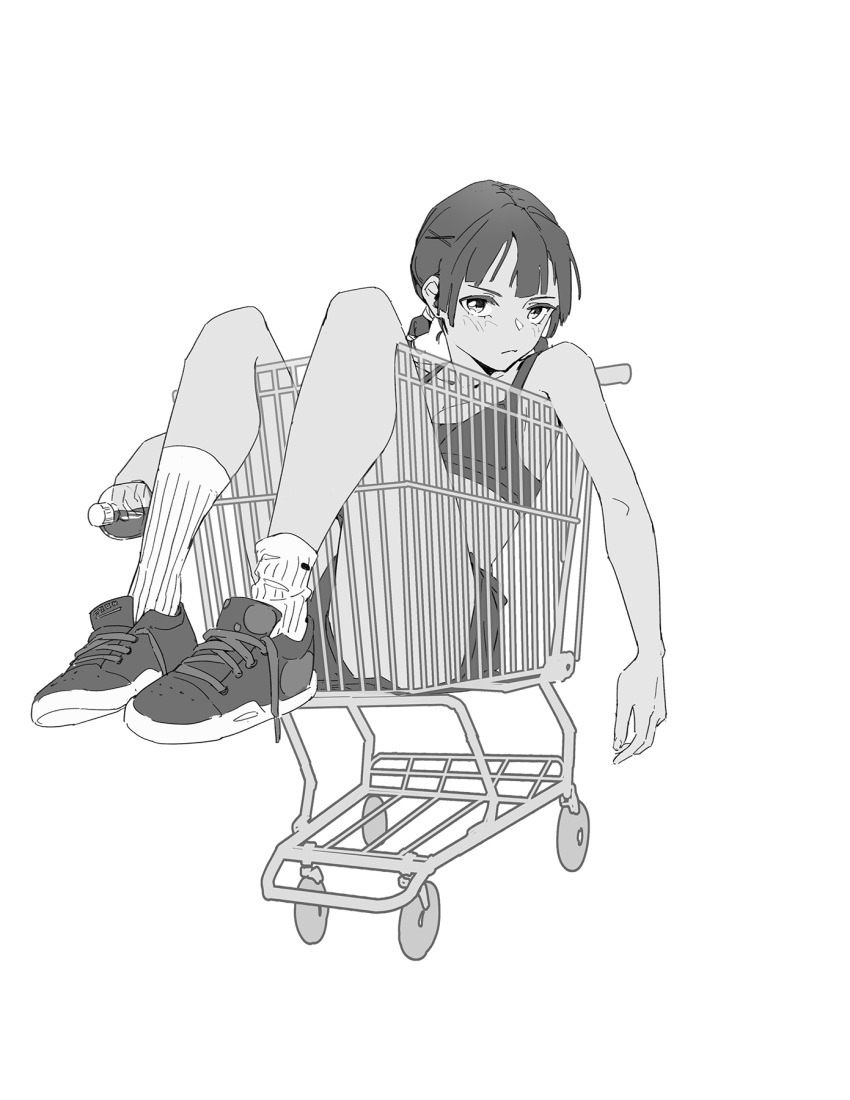 1girl, bare_arms, bare_shoulders, closed_mouth, greyscale, gym_shorts, highres, in_shopping_cart