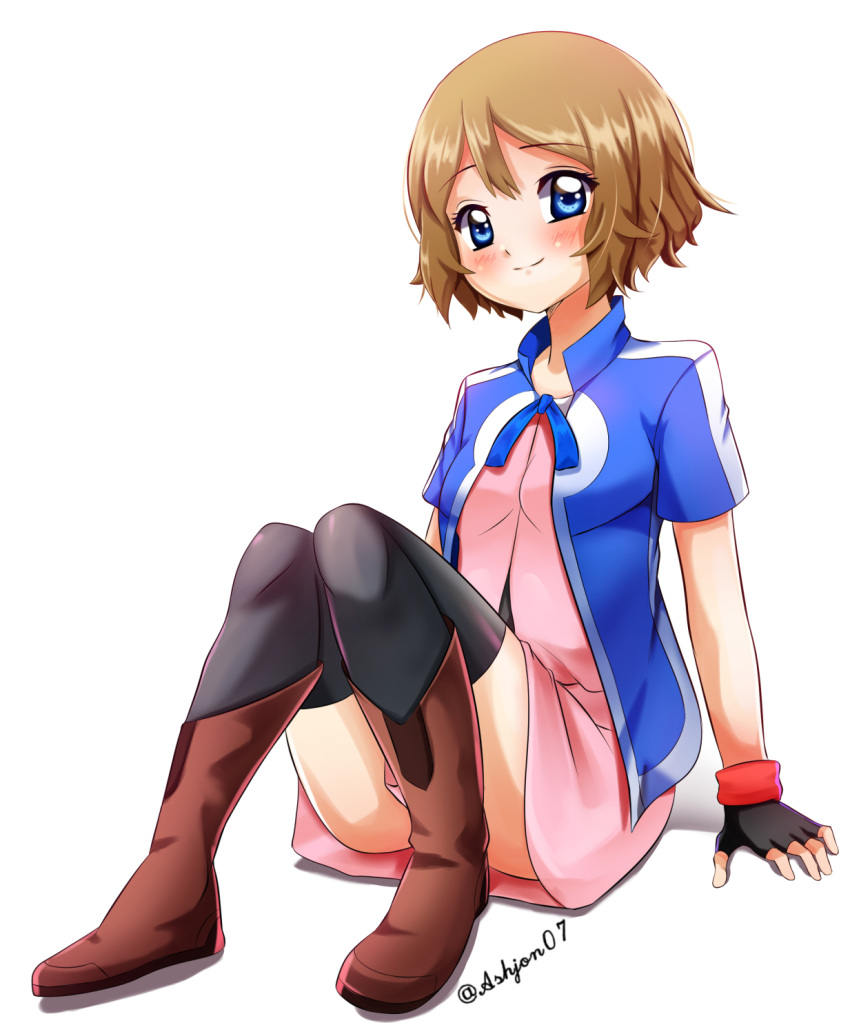 1girl, ash_ketchum, ash_ketchum_(cosplay), ashujou, black_legwear, blue_eyes, blush, boots
