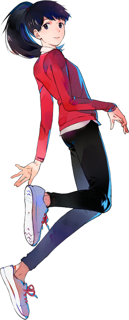 1girl, airborne, ass, black_hair, black_pants, blue_eyes, blush, breasts, collared_shirt, digimon, digimon_survive, eyebrows_visible_through_hair, flat_ass, full_body, leg_up, looking_at_viewer, looking_back, medium_breasts, medium_hair, multicolored_footwear, official_art, open_hands, pants, pink_footwear, pink_legwear, pink_lips, ponytail, purple_footwear, red_vest, shibuya_aoi, shiny, shiny_hair, shirt, shoes, short_socks, smile, sneakers, solo, sweater_vest, transparent_background, ukumo_uichi, vest, white_footwear, white_shirt
