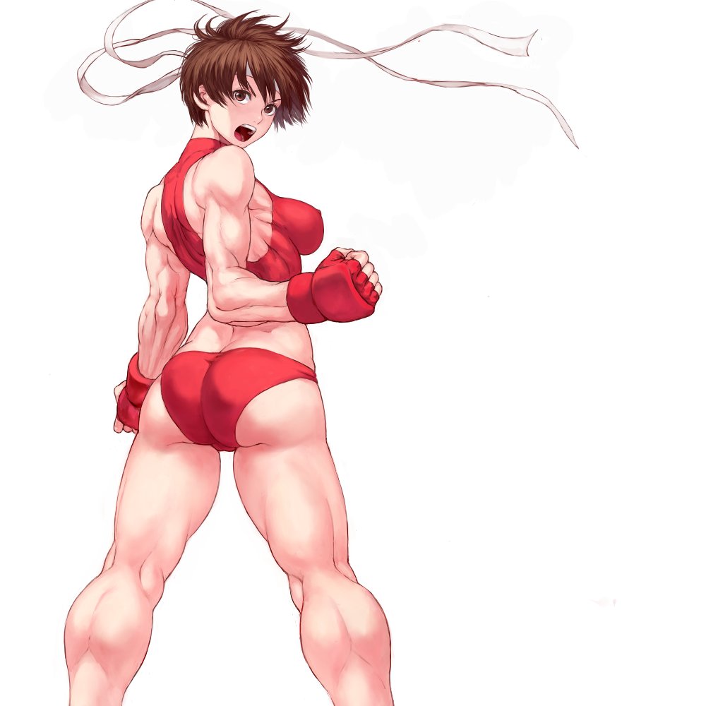 1girl, ass, back, brown_hair, buruma, gloves, headband, kasugano_sakura