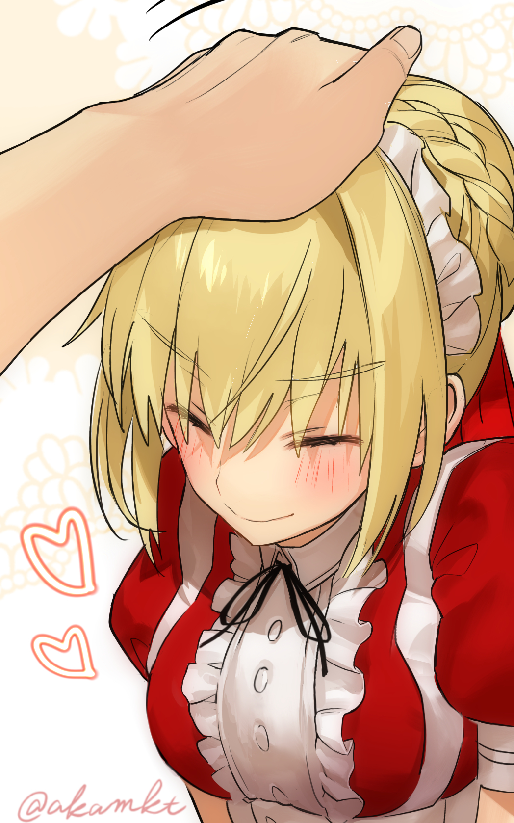 1girl, ahoge, akamakoto, apron, bangs, blonde_hair, blush, braid, breasts, closed_eyes, dress, fate/extra, fate_(series), french_braid, frills, hair_between_eyes, hair_bun, hair_intakes, highres, large_breasts, long_hair, maid_headdress, nero_claudius_(fate), nero_claudius_(fate)_(all), petting, puffy_short_sleeves, puffy_sleeves, red_dress, short_sleeves, smile, solo_focus