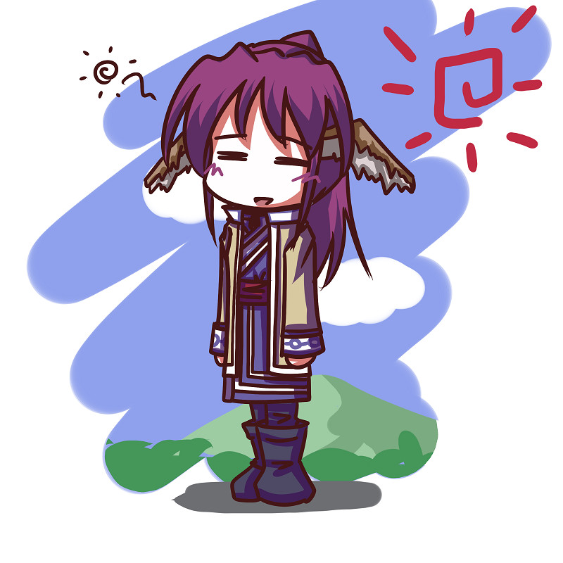 chibi, easy, fictional_sister, head_wings, long_hair, ponytail, purple_hair, relax