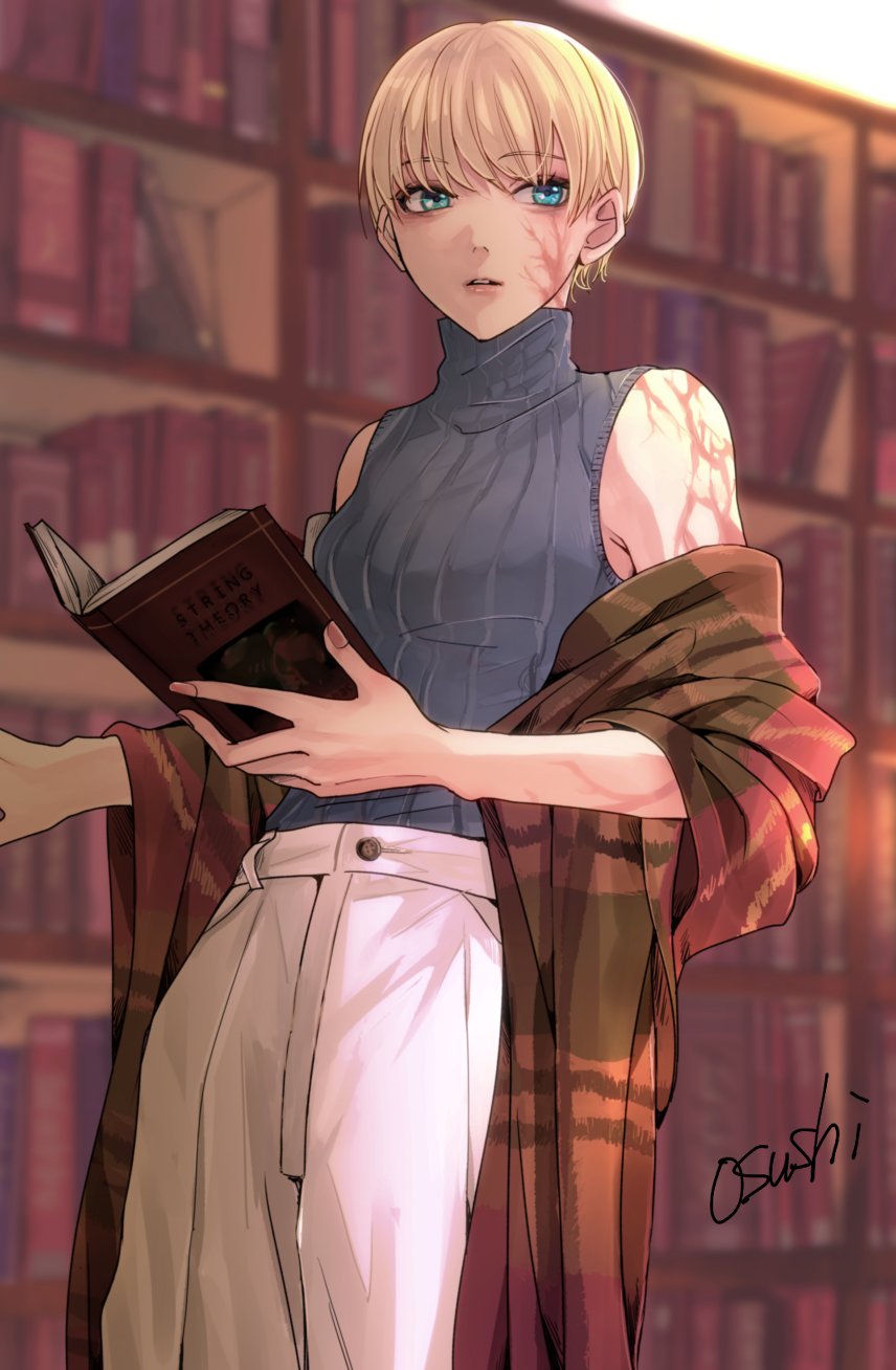 1girl, apex_legends, aqua_eyes, bare_shoulders, blonde_hair, blurry, blurry_background, book