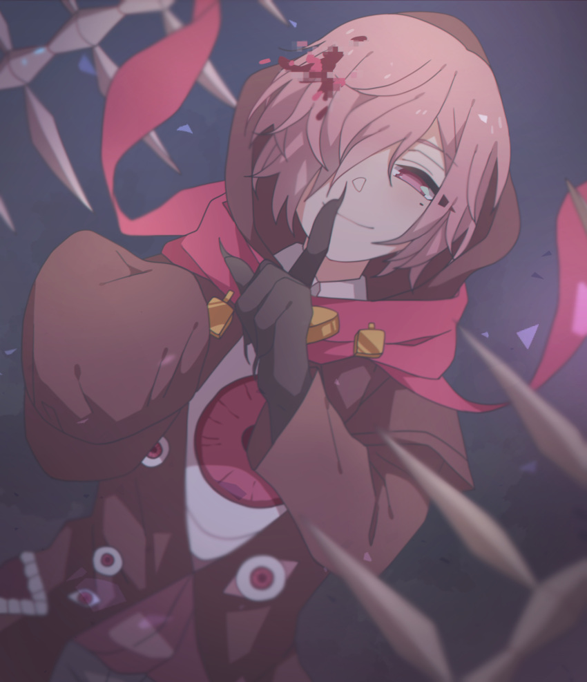 1boy, black_skin, blurry, blurry_foreground, closed_mouth, colored_skin, extra_eyes, eyeball