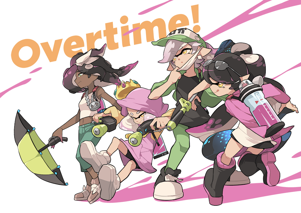 +_+, 4girls, :q, bangs, bike_shorts, black_dress, black_footwear, black_hair, black_shorts, boots, callie_(splatoon), capri_pants, chain_necklace, closed_mouth, crown, dark_skin, domino_mask, dress, dual_wielding, earrings, english_text, eyebrows_visible_through_hair, eyewear_on_head, gomipomi, gradient_hair, green_eyes, green_jacket, green_legwear, green_pants, grey_footwear, grey_hair, grin, hero_brella_(splatoon), hero_charger_(splatoon), hero_dualies_(splatoon), hero_roller_(splatoon), holding, holding_weapon, hood, hood_up, hoodie_dress, ink_tank_(splatoon), jacket, jewelry, long_hair, marie_(splatoon), marina_(splatoon), mask, mask_pull, midriff, mole, mole_under_eye, multicolored_hair, multiple_girls, navel, paint_splatter, pants, pantyhose, parted_lips, pearl_(splatoon), pink_dress, pink_hair, pointy_ears, pulled_by_self, purple_hair, purple_jacket, raglan_sleeves, shirt, shoes, short_dress, short_hair, shorts, shorts_under_dress, sleeveless, sleeveless_shirt, smile, sneakers, splatoon_(series), splatoon_1, splatoon_2, splatoon_2:_octo_expansion, suction_cups, sunglasses, swept_bangs, tentacle_hair, tied_hair, tongue, tongue_out, weapon, white_background, white_bandana, white_footwear, white_shirt, wind, yellow_eyes, yellow_headwear