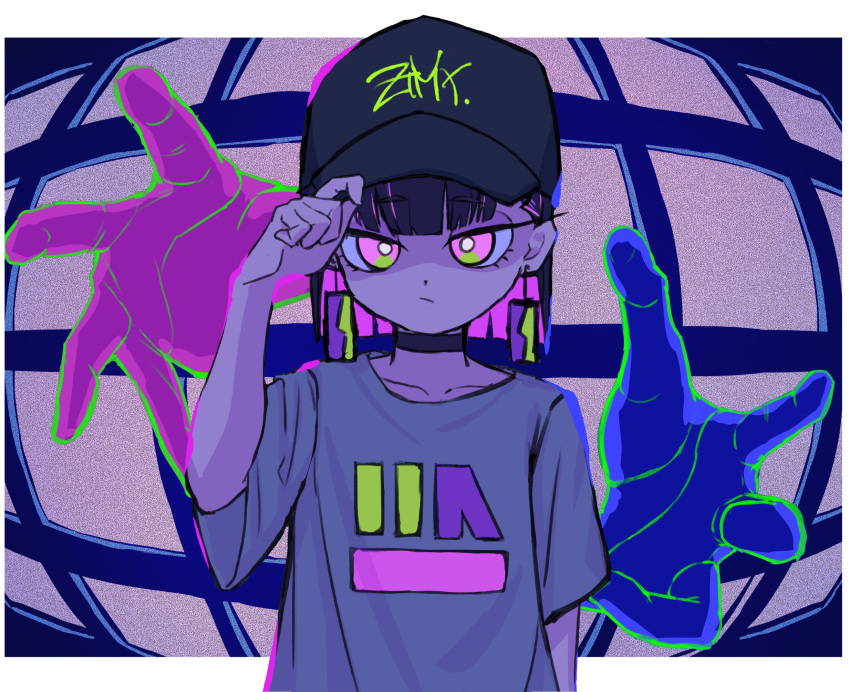1girl, bangs, baseball_cap, black_hair, bright_pupils, choker, closed_mouth, collarbone