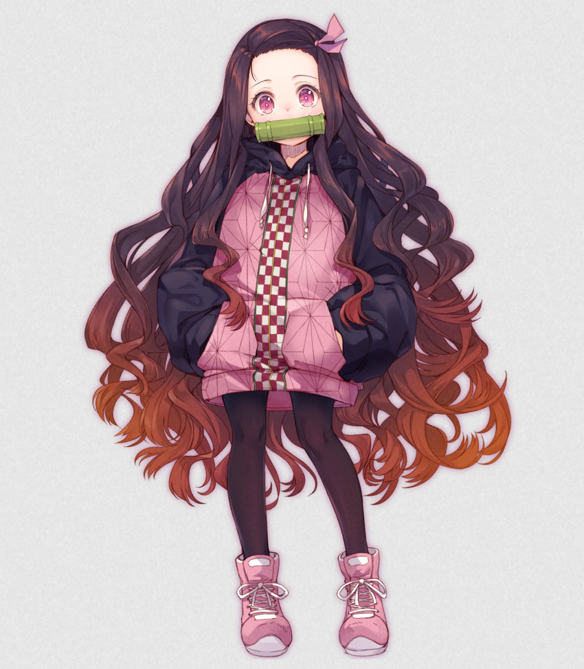 1girl, adapted_costume, bamboo, bit_gag, black_hair, black_legwear, contemporary, forehead, full_body, gag, gorillabbit, gradient_hair, hair_ribbon, hands_in_pockets, highres, hood, hoodie, kamado_nezuko, kimetsu_no_yaiba, long_hair, long_sleeves, looking_at_viewer, mouth_hold, multicolored_hair, pink_eyes, ribbon, shoes, simple_background, sneakers, solo, very_long_hair
