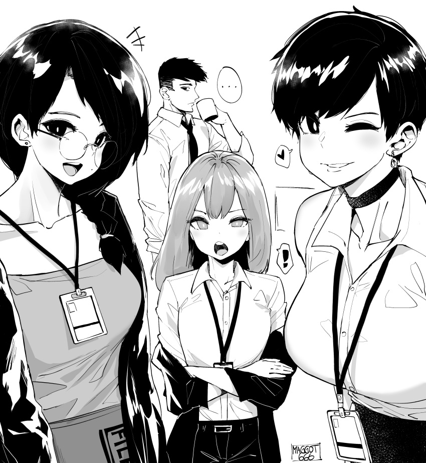 !, ..., 1boy, 3girls, absurdres, breasts, choker, coffee_mug