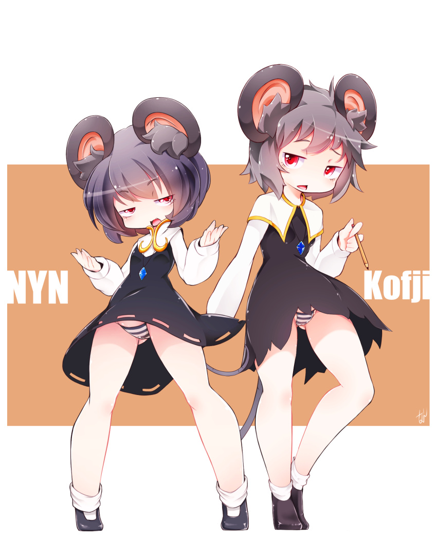 2girls, animal_ear_fluff, animal_ears, bangs, black_footwear, blouse, capelet, character_name, commentary_request, cookie_(touhou), dress, eyebrows_visible_through_hair, fang, full_body, grey_dress, grey_hair, highres, holding, holding_pencil, huge_filesize, jewelry, kofji_(cookie), long_sleeves, looking_at_viewer, master_nabesama, mouse_ears, mouse_tail, multiple_girls, nazrin, necklace, nyon_(cookie), open_mouth, orange_background, panties, pantyshot, pencil, red_eyes, shoes, short_hair, simple_background, socks, standing, striped, striped_panties, tail, touhou, underwear, white_background, white_blouse, white_capelet, white_legwear