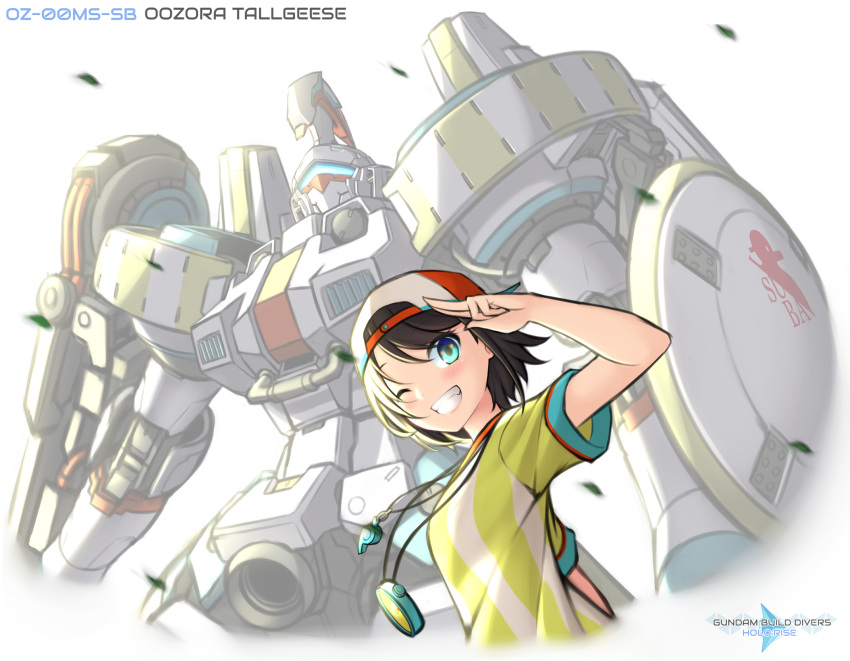 1girl, backwards_hat, baseball_cap, black_hair, blush, character_name, english_commentary, fusion, gundam, gundam_build_divers, gundam_build_divers_re:rise, gundam_wing, hat, highres, hololive, jersey, logo_parody, looking_up, mecha, one_eye_closed, oozora_subaru, parody, pinguinkotak, salute, science_fiction, shield, short_hair, smile, stopwatch, stopwatch_around_neck, striped, subangelion, tallgeese, title_parody, visor, watch, whistle, whistle_around_neck