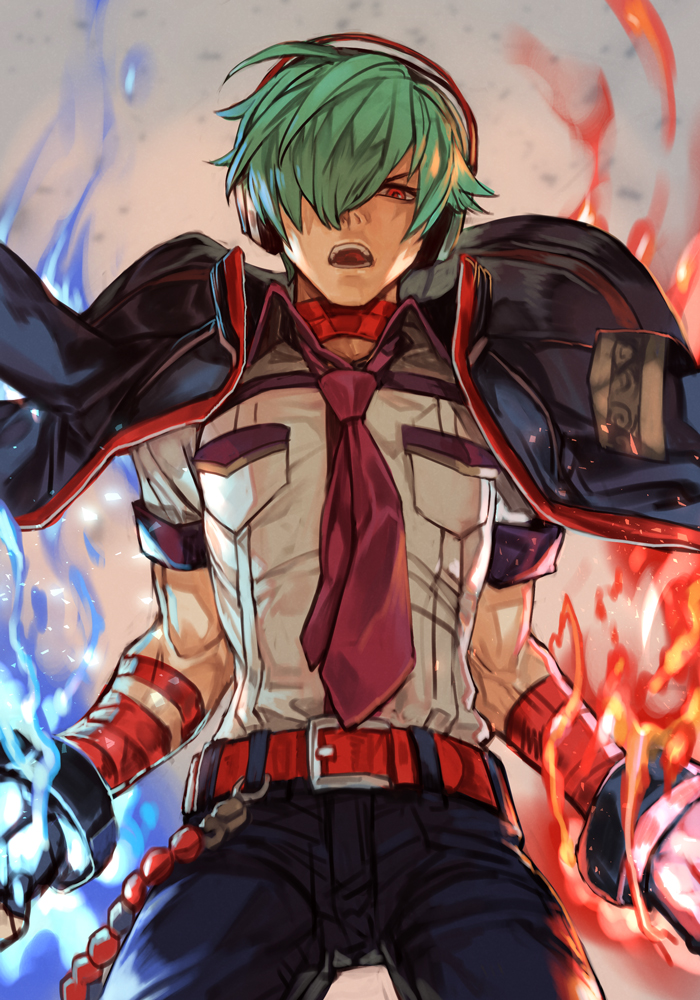 1boy, aura, bandages, belt, black_jacket, blue_fire, capelet, choker