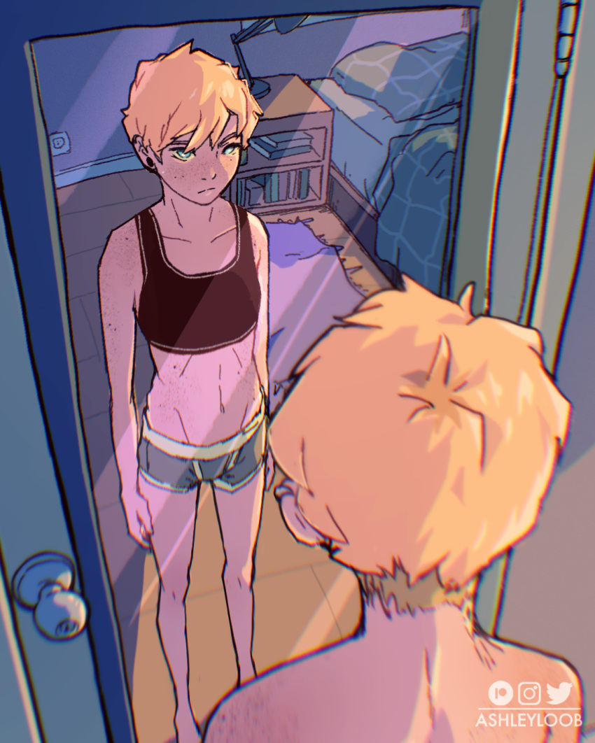 1other, androgynous, artist_name, ashleyloob, bed, blonde_hair, blue_eyes, chest_binder