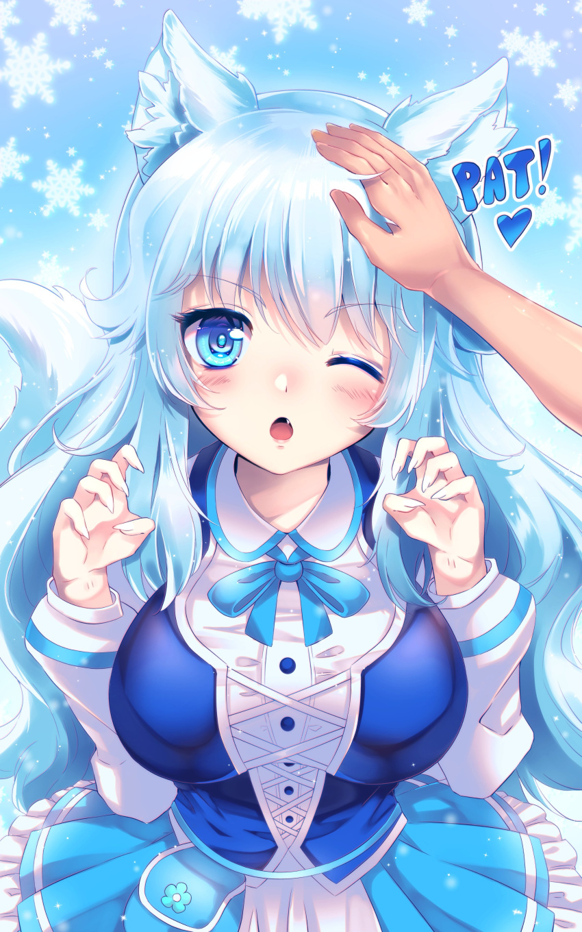 1girl, absurdres, animal_ears, aqua_hair, bangs, blue_eyes, breasts, claw_pose