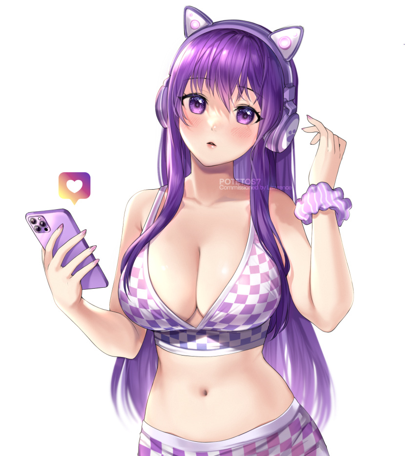 1girl, alternate_costume, animal_ear_headphones, artist_name, bangs, bare_arms, bare_shoulders, blush, breasts, cellphone, checkered, collarbone, commentary, commission, crop_top, doki_doki_literature_club, english_commentary, eyebrows_visible_through_hair, hair_between_eyes, hand_up, headphones, heart, highres, holding, holding_phone, large_breasts, long_hair, looking_at_viewer, midriff, navel, parted_lips, paw_print, phone, potetos7, purple_hair, scrunchie, sidelocks, simple_background, smartphone, solo, upper_body, very_long_hair, violet_eyes, watermark, white_background, wrist_scrunchie, yuri_(doki_doki_literature_club)