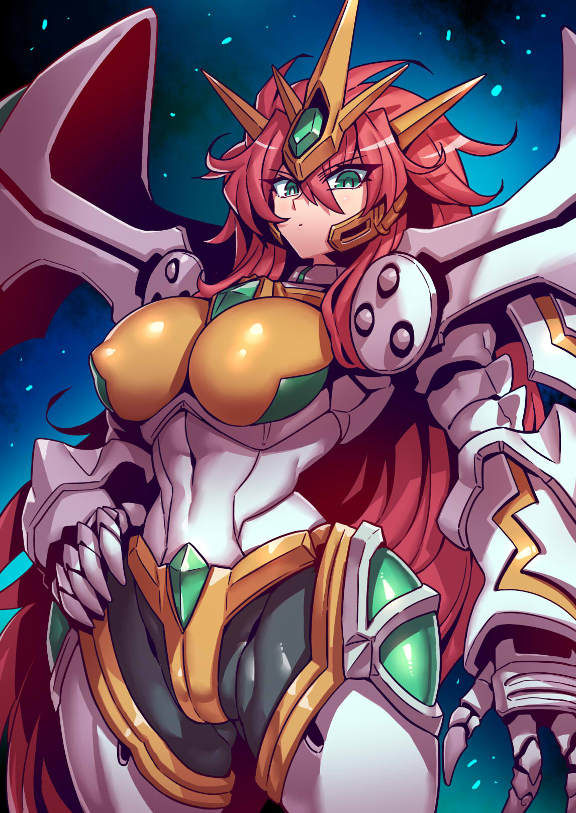 1girl, breasts, covered_nipples, green_eyes, hair_between_eyes, hand_on_hip, highres, large_breasts