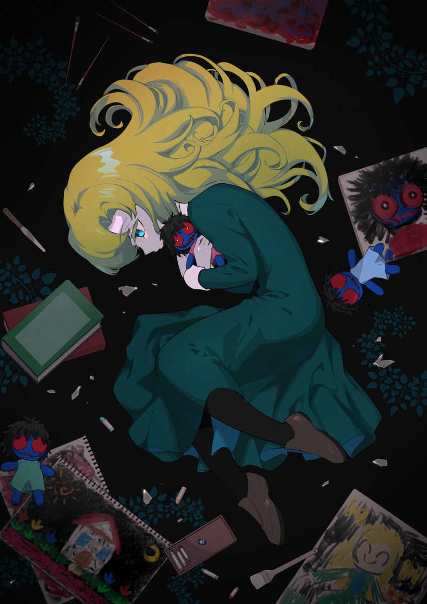 aqua_dress, black_legwear, blonde_hair, blue_eyes, brown_footwear, crayon, doll, doll_(ib), dress, eyebrows_visible_through_hair, highres, holding, holding_doll, ib, long_hair, long_sleeves, lying, mary_(ib), pantyhose, shoes, sketchbook, sleeve_cuffs, toyogaippai