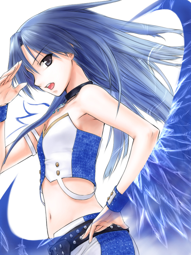 belt, blue_eyes, blue_hair, cool_&amp;_sexy_(idolmaster), flat_chest, idolmaster, kisaragi_chihaya, long_hair, midriff, necklace, open_mouth, rona, singing