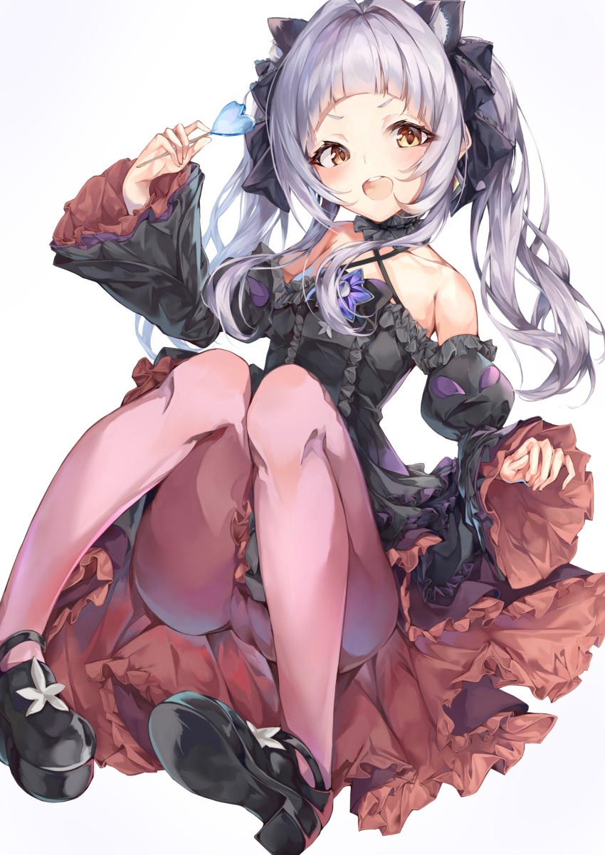 1girl, :d, absurdres, animal_ears, bangs, bare_shoulders, black_bow, black_dress