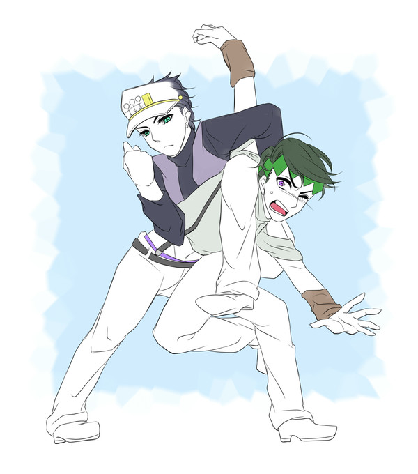 2boys, black_hair, blush, commentary_request, diamond_wa_kudakenai, foxandcat, green_hair, headband