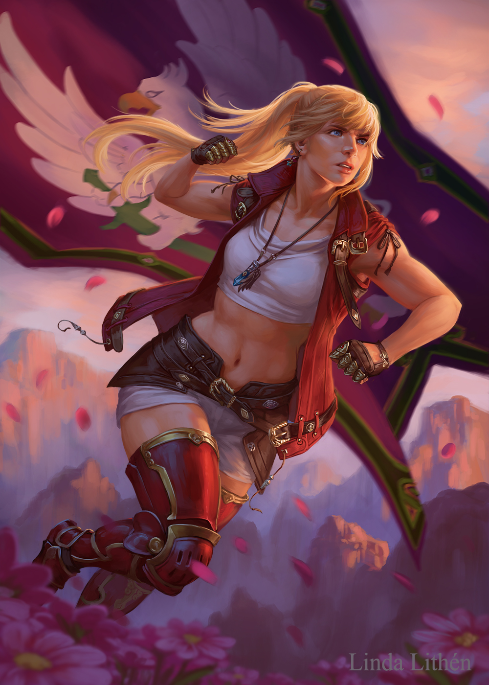 1girl, abs, artist_name, biceps, blonde_hair, clenched_hands, crop_top, final_fantasy, final_fantasy_xiv, fingerless_gloves, flag, flower, gloves, greaves, highres, jewelry, linda_lithen, lyse_hext, midriff, mountain, navel, necklace, parted_lips, petals, rose_petals, short_shorts, shorts, sleeveless, sleeveless_jacket, solo, stomach, toned