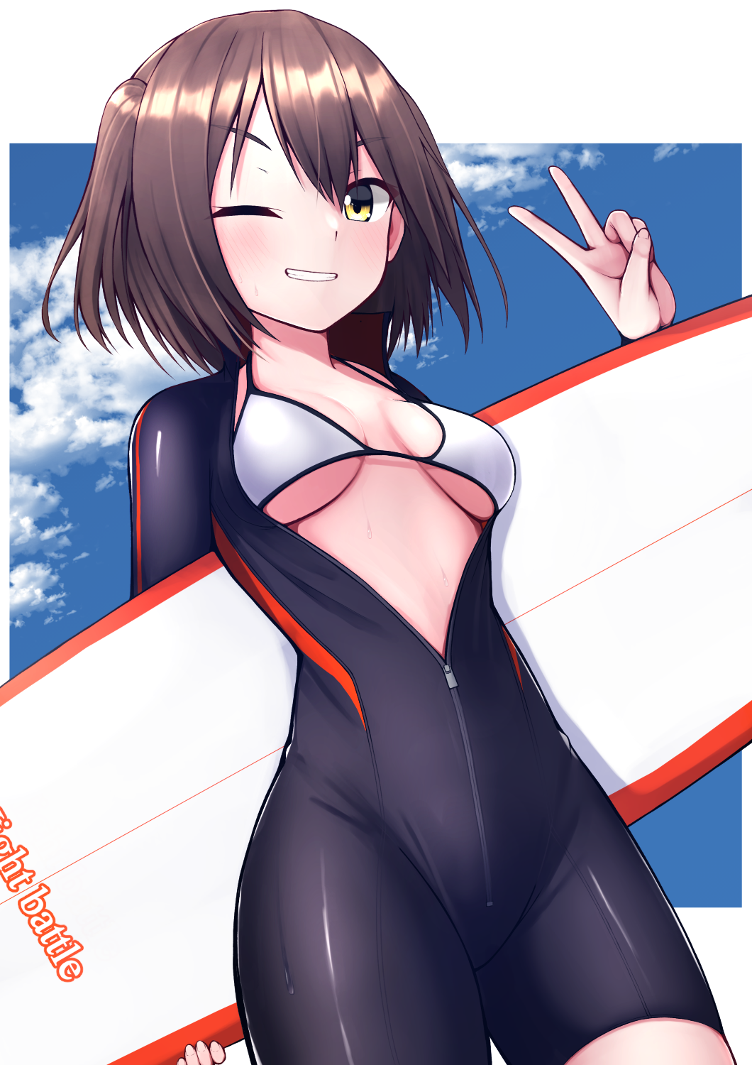 1girl, alternate_costume, bangs, bikini, bikini_top, blue_sky, blush, breasts