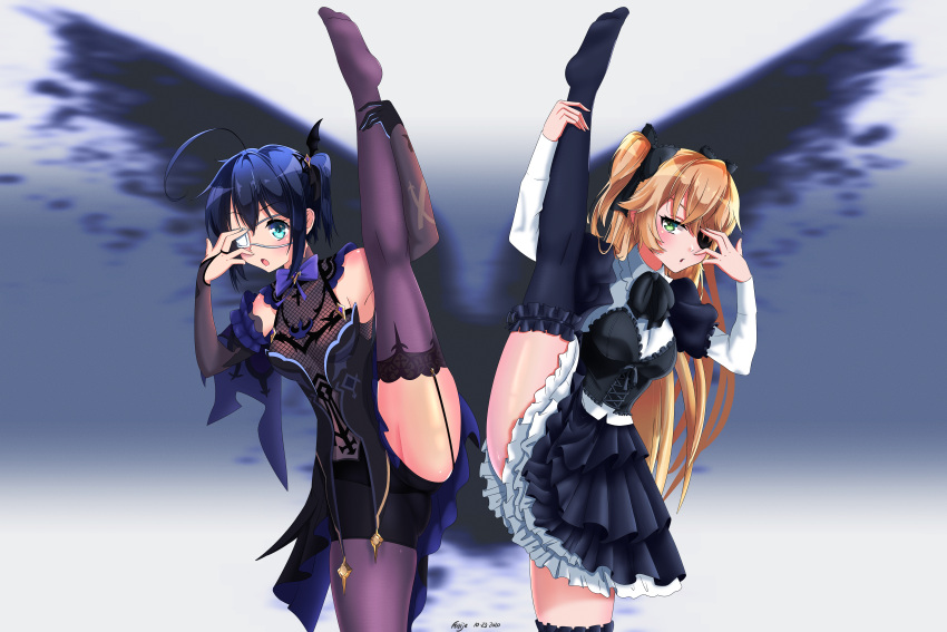 2girls, absurdres, ahoge, ass_visible_through_thighs, blonde_hair, blue_eyes, blush, breasts