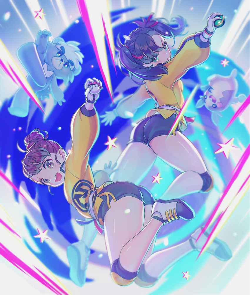2girls, asymmetrical_bangs, bangs, black_hair, black_shorts, blush, brown_eyes, brown_hair, commentary_request, dusk_ball, gen_8_pokemon, gloria_(pokemon), green_eyes, hair_bun, hair_ribbon, highres, holding, holding_poke_ball, jacket, knee_pads, kubfu, legendary_pokemon, looking_back, marnie_(pokemon), master_dojo_uniform, morpeko, morpeko_(full), multiple_girls, n2ewu, poke_ball, poke_ball_(basic), pokemon, pokemon_(creature), pokemon_(game), pokemon_swsh, red_ribbon, ribbon, sash, shiny, shiny_skin, shoes, short_hair, shorts, side_slit, side_slit_shorts, socks, star_(symbol), tied_hair, yellow_jacket