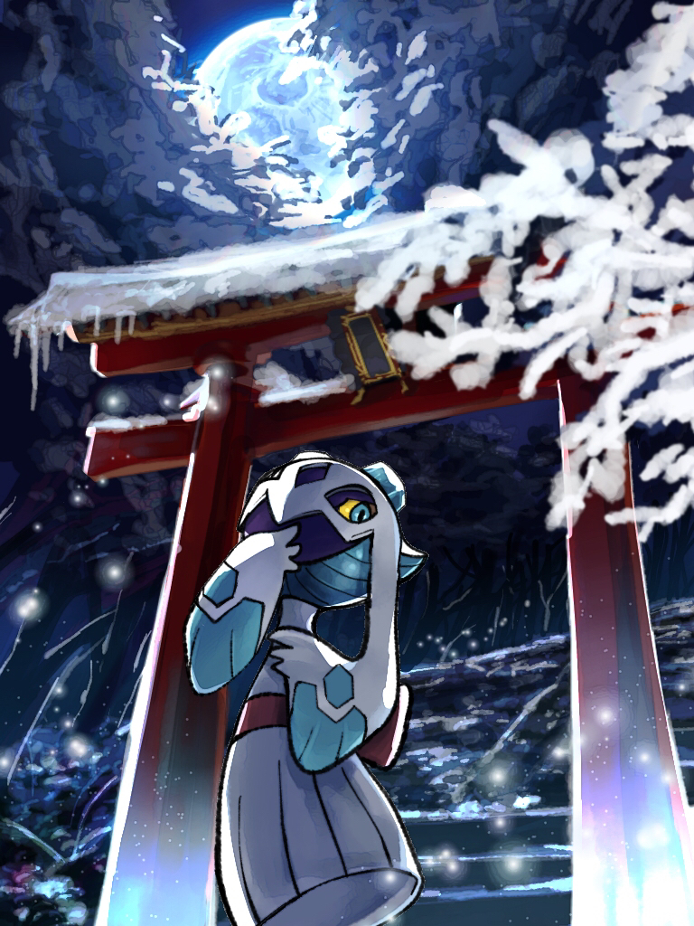 arch, blue_eyes, closed_mouth, colored_sclera, commentary_request, from_below, froslass, gen_4_pokemon