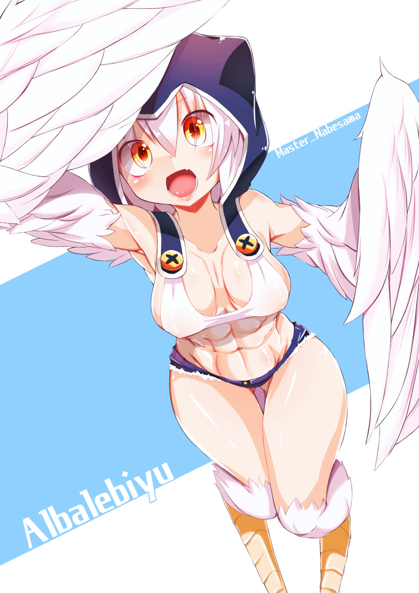 1girl, abs, absurdres, albalebiyu_(master_nabesama), arm_up, armpits, artist_name, bangs, bird_legs, black_hoodie, blue_background, blue_shorts, breasts, character_name, collarbone, commentary_request, dutch_angle, eyebrows_visible_through_hair, eyes_visible_through_hair, fang, feathered_wings, feathers, hair_between_eyes, harpy, highres, hood, hood_up, hoodie, looking_at_viewer, master_nabesama, medium_breasts, micro_shorts, monster_girl, navel, original, revealing_clothes, shading_eyes, short_hair, shorts, skin_fang, smile, solo, thigh_gap, white_background, white_feathers, white_hair, winged_arms, wings, yellow_eyes