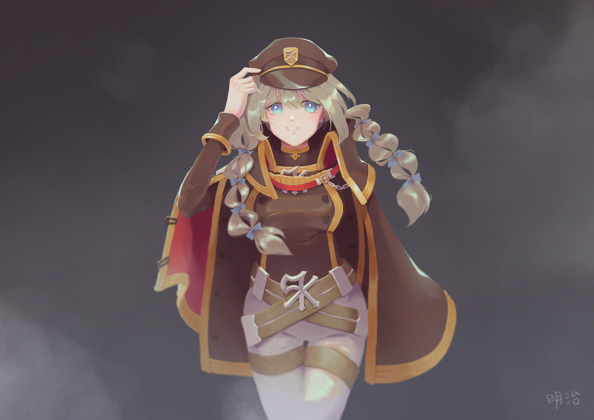 1girl, adjusting_clothes, adjusting_headwear, bangs, belt, black_coat, black_headwear, blonde_hair