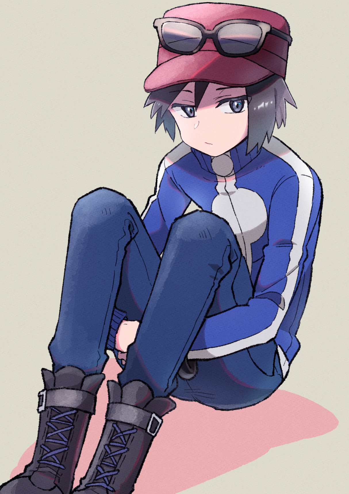 1boy, bangs, black-framed_eyewear, black_footwear, blue_jacket, blue_pants, boots, calem_(pokemon)