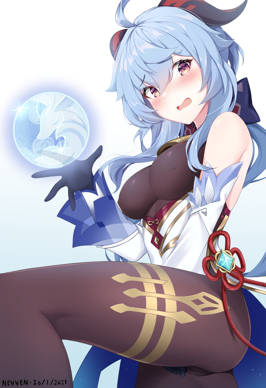 1girl, absurdres, ahoge, artist_name, bangs, bare_shoulders, bell, black_gloves, black_legwear, blue_hair, bodystocking, breasts, covering, covering_crotch, dated, detached_sleeves, eyebrows_visible_through_hair, flower_knot, from_below, ganyu_(genshin_impact), genshin_impact, gloves, hair_between_eyes, highres, horns, long_hair, long_sleeves, looking_at_viewer, looking_down, low_ponytail, medium_breasts, nevven, open_mouth, red_ribbon, ribbon, simple_background, solo, sphere, spread_fingers, thighs, very_long_hair, violet_eyes, white_background