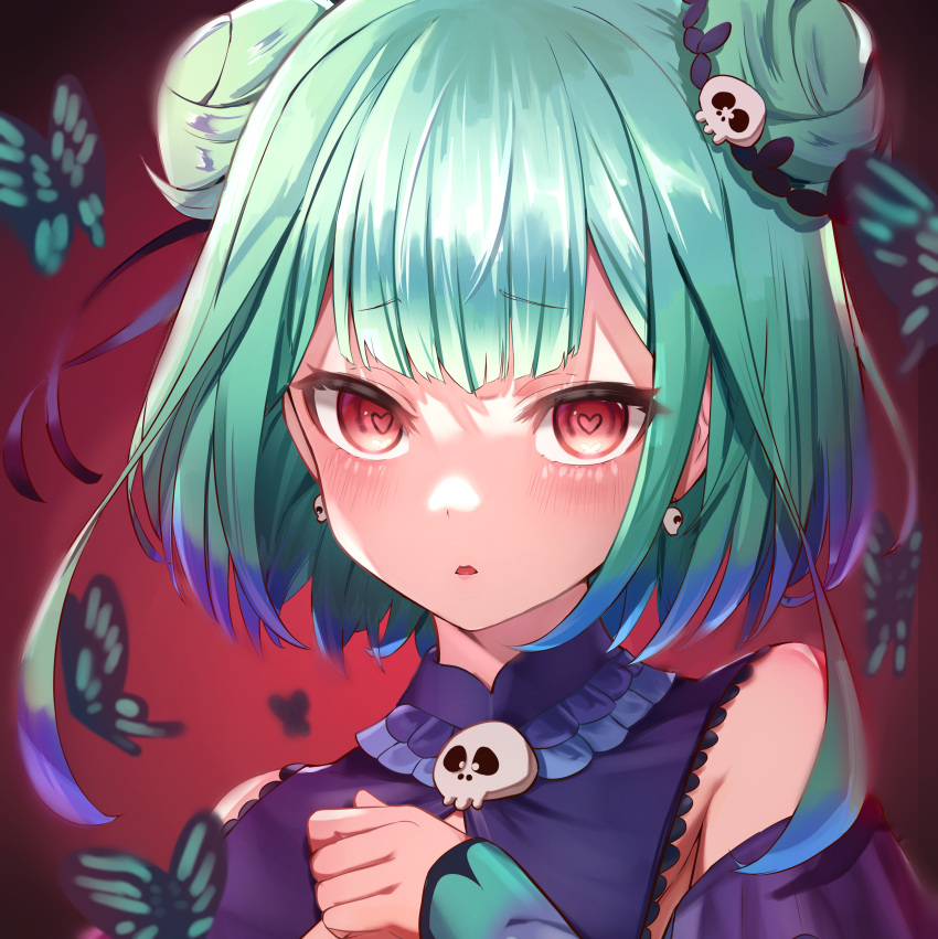 1girl, :o, absurdres, appo_(36786257), bangs, bare_shoulders, blunt_bangs, blush, bug, butterfly, detached_sleeves, double_bun, earrings, eyebrows_visible_through_hair, face, green_hair, hair_ornament, heart, heart_in_eye, highres, hololive, insect, jewelry, long_sleeves, looking_at_viewer, open_mouth, red_eyes, shiny, shiny_hair, short_hair, skull, skull_earrings, skull_hair_ornament, skull_ornament, solo, symbol_in_eye, uruha_rushia, virtual_youtuber