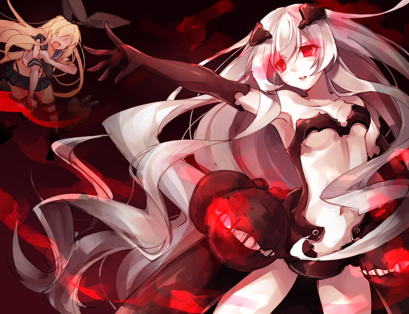 2girls, abyssal_ship, anchorage_princess, blonde_hair, elbow_gloves, gloves, glowing, glowing_eyes, kantai_collection, long_hair, multiple_girls, pale_skin, red_eyes, shimakaze_(kantai_collection), showgirl_skirt, silver_hair, striped, striped_legwear, thigh-highs, toosaka_asagi