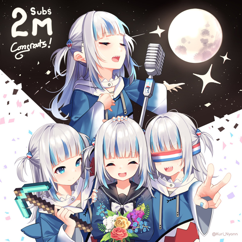 1girl, ^_^, alternate_costume, blindfold, bloop_(gawr_gura), blue_eyes, blue_hair, closed_eyes