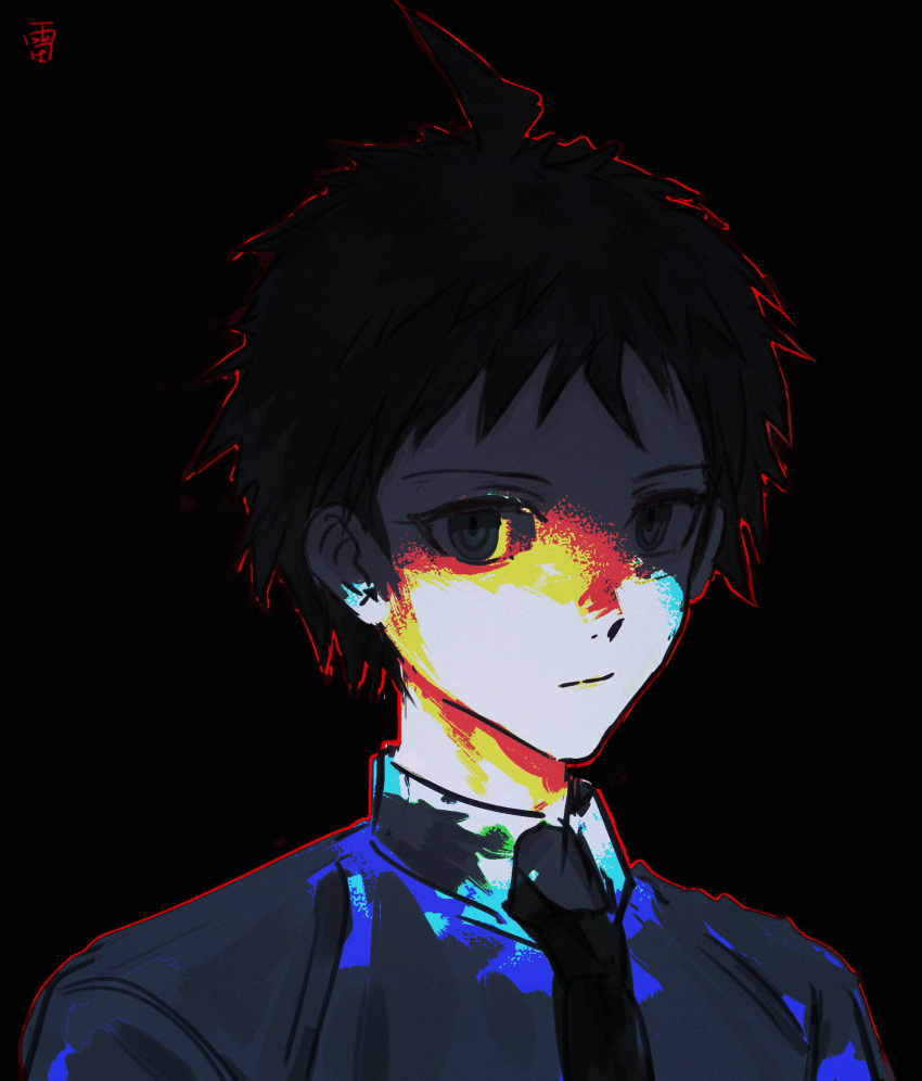 1boy, ahoge, bangs, black_background, black_hair, closed_mouth, collared_shirt, dangan_ronpa_(series)