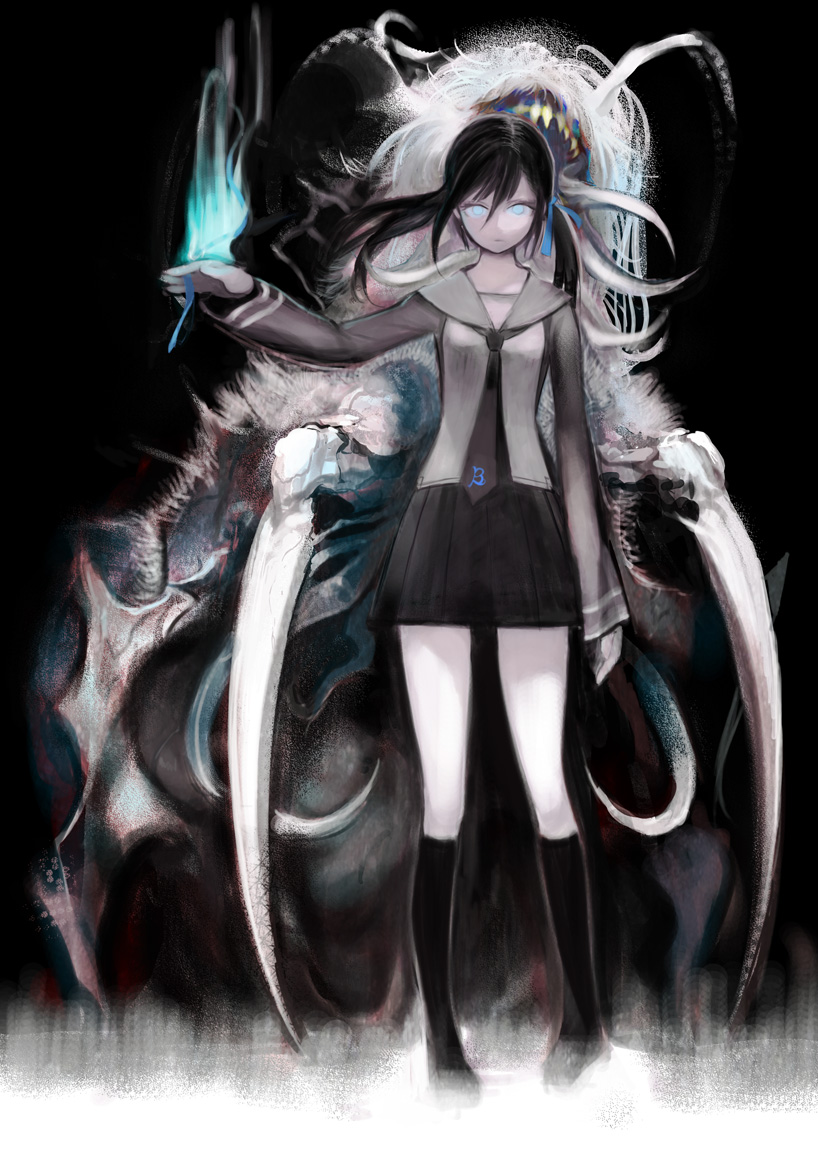 black_legwear, black_rock_shooter, black_rock_shooter_(character), blue_eyes, blue_fire, creature, fire, flame