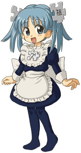 1girl, :d, apron, aqua_eyes, aqua_hair, bangs, blue_dress, blush