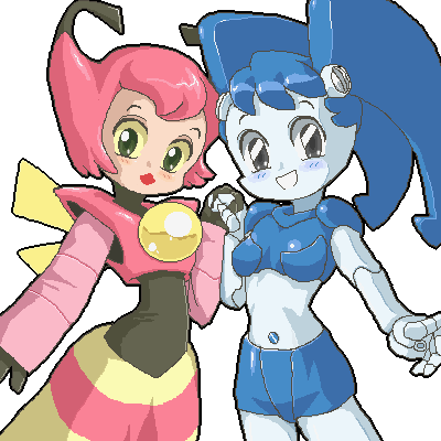 2girls, armor, bangs, blue_hair, blue_skin, blue_skirt, blush, breasts, colored_skin, crop_top, disconnected_mouth, green_eyes, grin, holding_hands, humanoid_robot, interlocked_fingers, jennifer_wakeman, kasuga39, long_sleeves, lowres, midriff, multiple_girls, my_life_as_a_teenage_robot, navel, oekaki, open_mouth, pink_hair, pink_skin, red_lips, short_hair, simple_background, skirt, smile, twintails, vega_(mlaatr), white_background